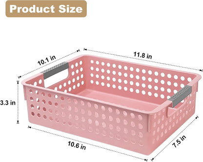 4 Pack Plastic Storage Basket with Handles, Wide Shallow Organizer Bin for Open-Top Desk and Drawer Organizer, Perfect for Snacks, Stationery (Pink)