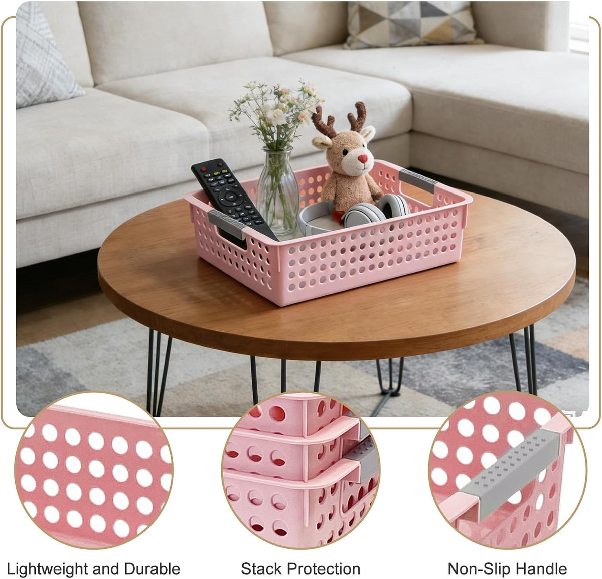 4 Pack Plastic Storage Basket with Handles, Wide Shallow Organizer Bin for Open-Top Desk and Drawer Organizer, Perfect for Snacks, Stationery (Pink)