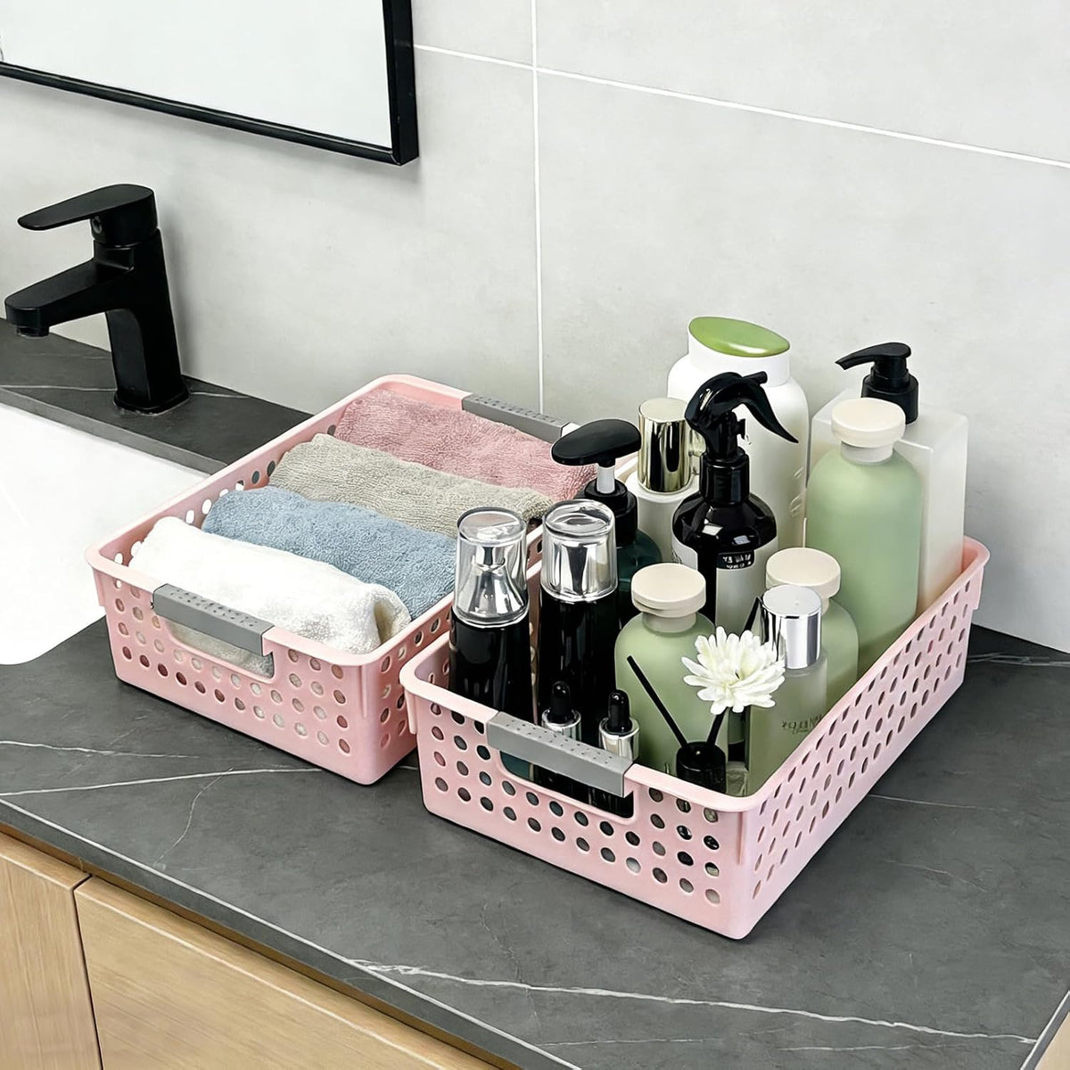 4 Pack Plastic Storage Basket with Handles, Wide Shallow Organizer Bin for Open-Top Desk and Drawer Organizer, Perfect for Snacks, Stationery (Pink)