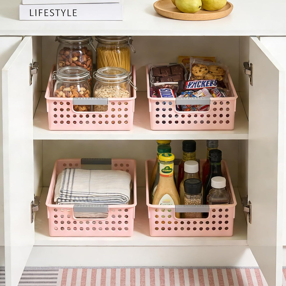 4 Pack Plastic Storage Basket with Handles, Wide Shallow Organizer Bin for Open-Top Desk and Drawer Organizer, Perfect for Snacks, Stationery (Pink)