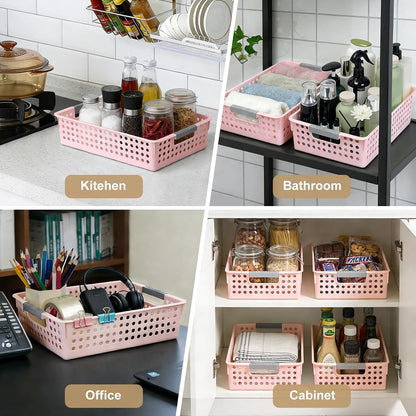 4 Pack Plastic Storage Basket with Handles, Wide Shallow Organizer Bin for Open-Top Desk and Drawer Organizer, Perfect for Snacks, Stationery (Pink)