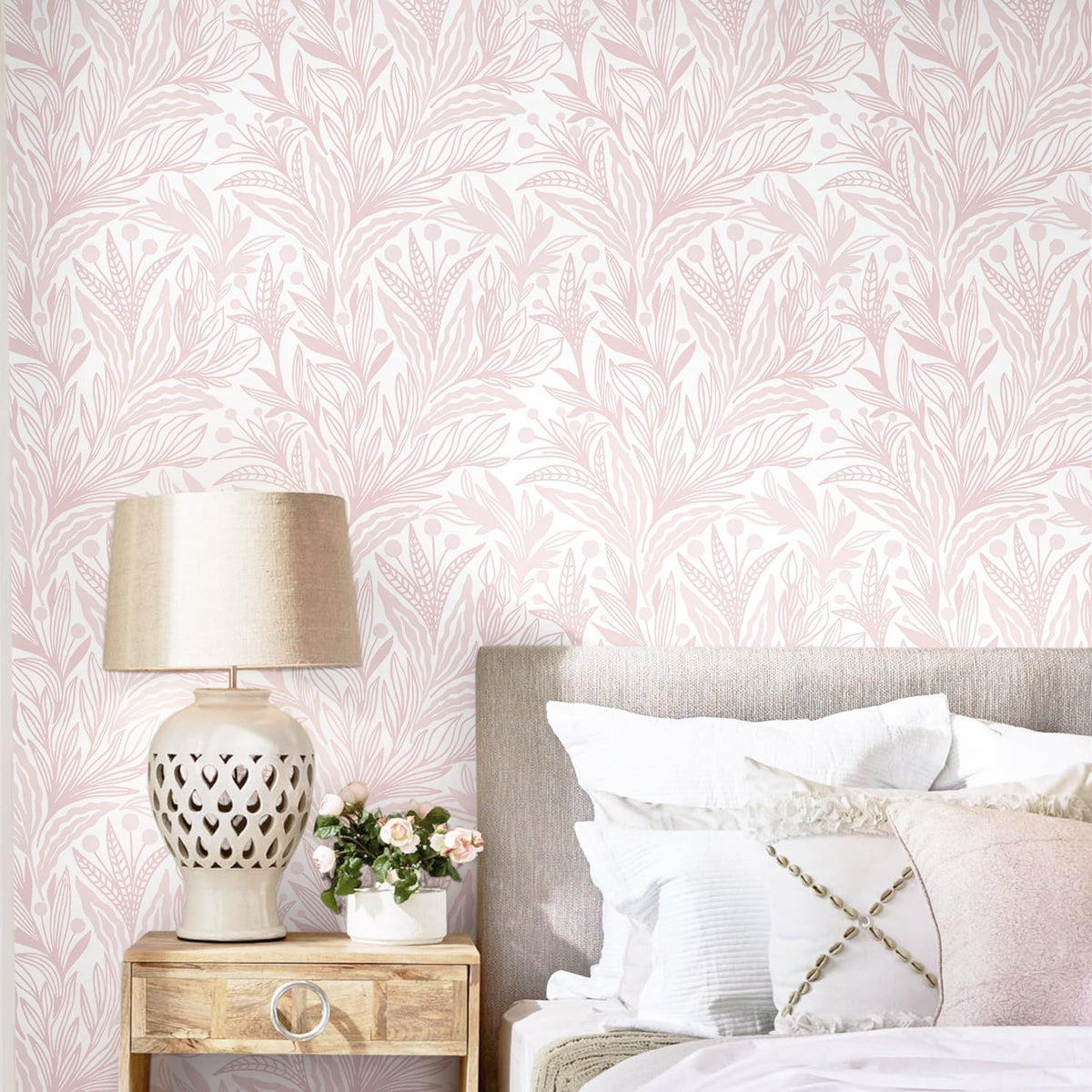 Dimoon Pink Peel and Stick Wallpaper Boho Pink White Contact Paper 17.3" X 78.7" Floral Leaf Textured Wallpaper Renter Friendly Removable Self Adhesive Wall Paper for Bathroom Bedroom Cabinets Vinyl