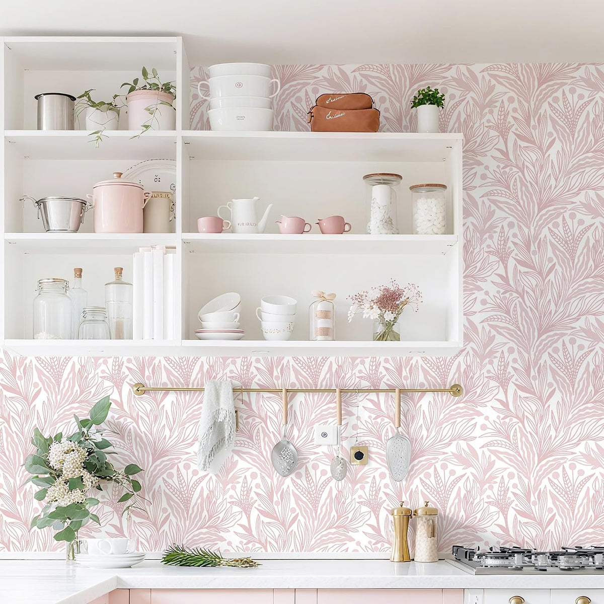 Dimoon Pink Peel and Stick Wallpaper Boho Pink White Contact Paper 17.3" X 78.7" Floral Leaf Textured Wallpaper Renter Friendly Removable Self Adhesive Wall Paper for Bathroom Bedroom Cabinets Vinyl