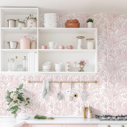 Dimoon Pink Peel and Stick Wallpaper Boho Pink White Contact Paper 17.3" X 78.7" Floral Leaf Textured Wallpaper Renter Friendly Removable Self Adhesive Wall Paper for Bathroom Bedroom Cabinets Vinyl