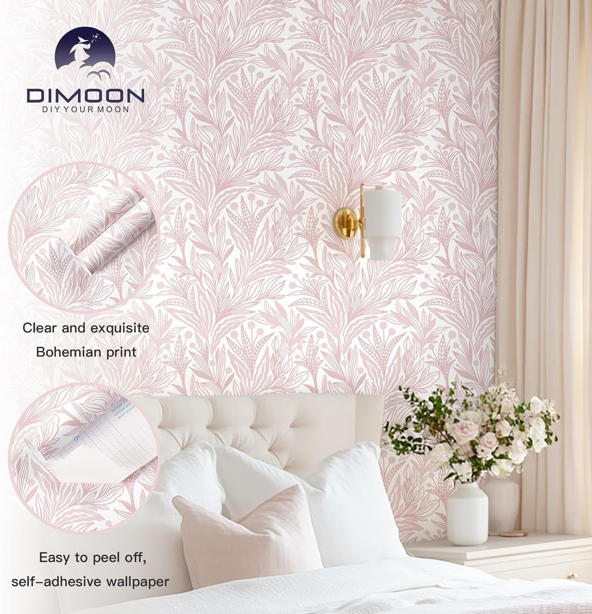 Dimoon Pink Peel and Stick Wallpaper Boho Pink White Contact Paper 17.3" X 78.7" Floral Leaf Textured Wallpaper Renter Friendly Removable Self Adhesive Wall Paper for Bathroom Bedroom Cabinets Vinyl