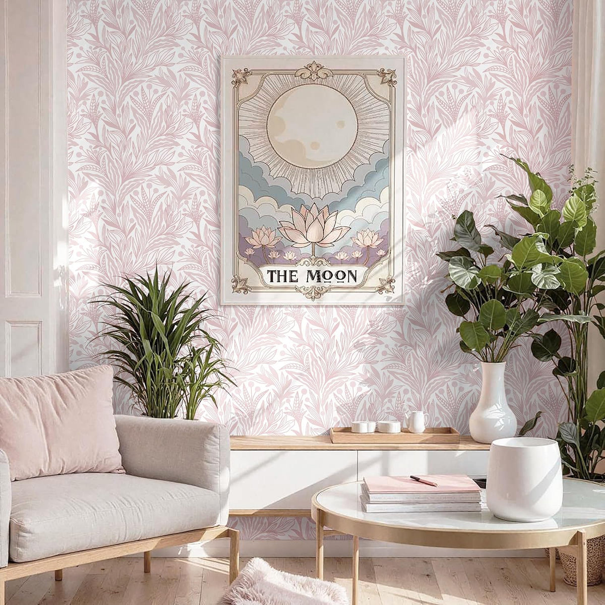 Dimoon Pink Peel and Stick Wallpaper Boho Pink White Contact Paper 17.3" X 78.7" Floral Leaf Textured Wallpaper Renter Friendly Removable Self Adhesive Wall Paper for Bathroom Bedroom Cabinets Vinyl