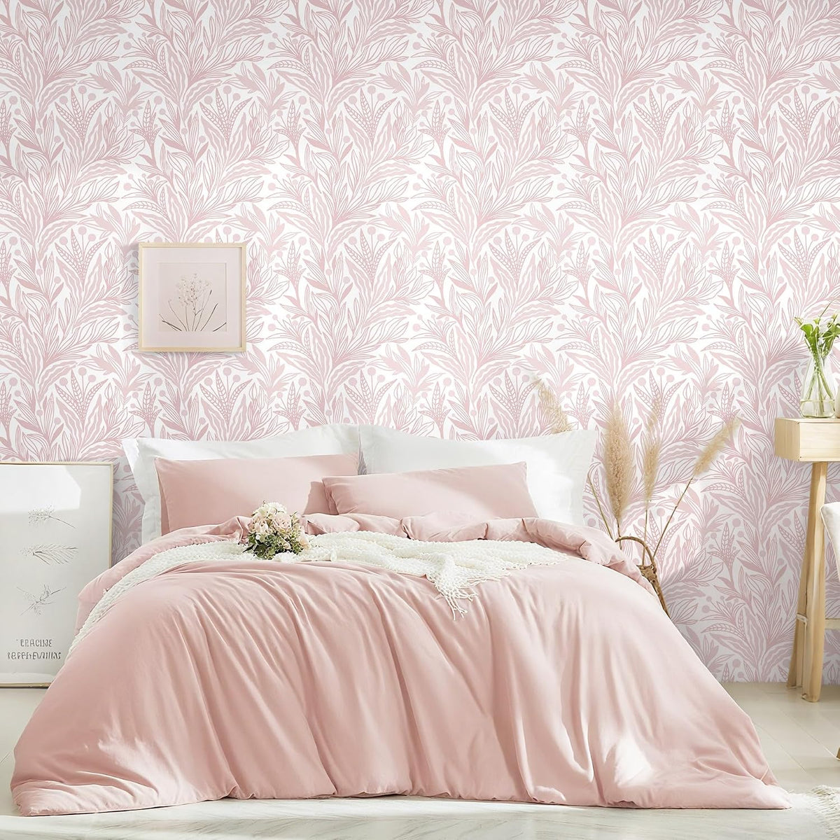 Dimoon Pink Peel and Stick Wallpaper Boho Pink White Contact Paper 17.3" X 78.7" Floral Leaf Textured Wallpaper Renter Friendly Removable Self Adhesive Wall Paper for Bathroom Bedroom Cabinets Vinyl