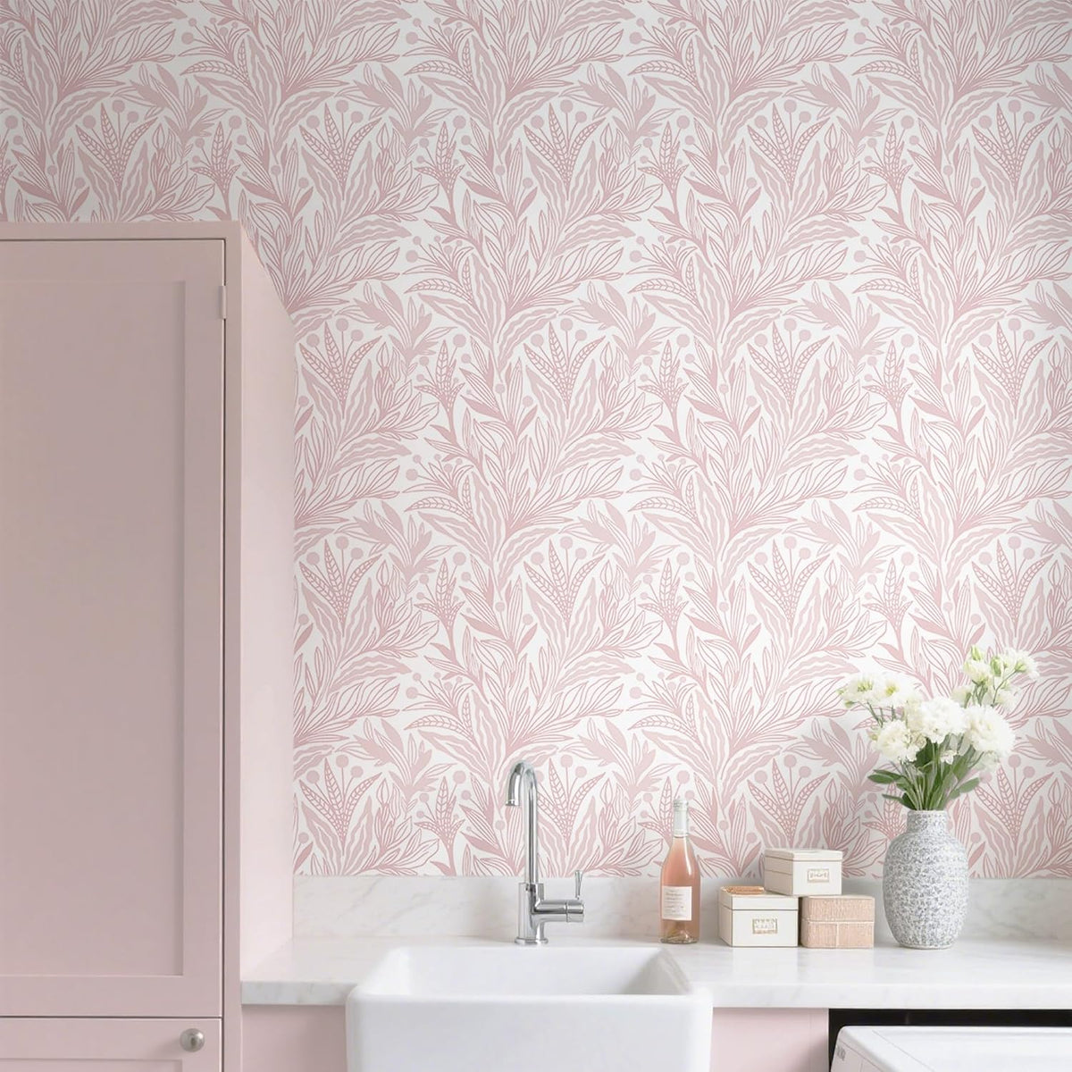 Dimoon Pink Peel and Stick Wallpaper Boho Pink White Contact Paper 17.3" X 78.7" Floral Leaf Textured Wallpaper Renter Friendly Removable Self Adhesive Wall Paper for Bathroom Bedroom Cabinets Vinyl