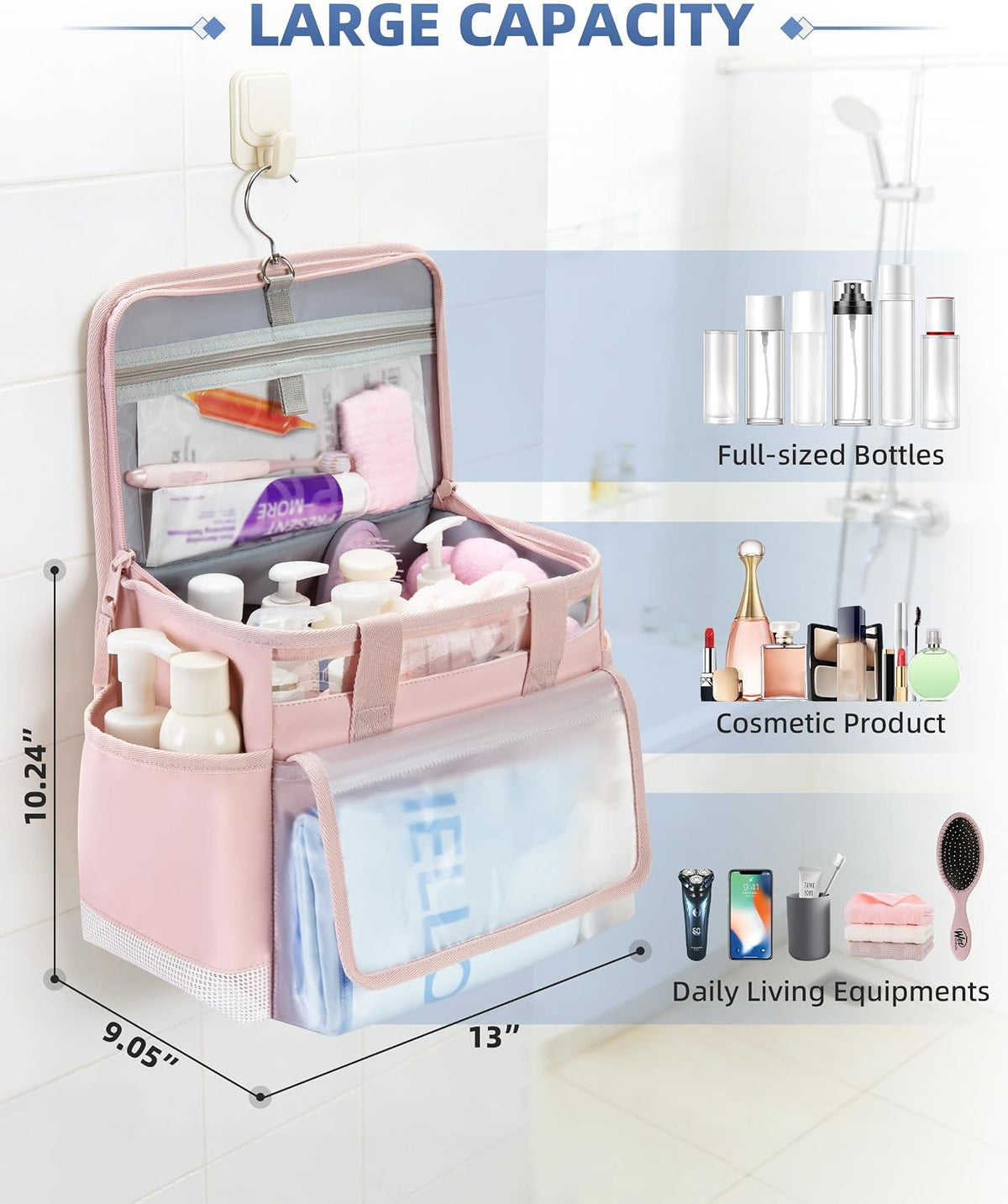 Hanging Shower Caddy Organizer Bag with Quick Dry Mesh, Pink