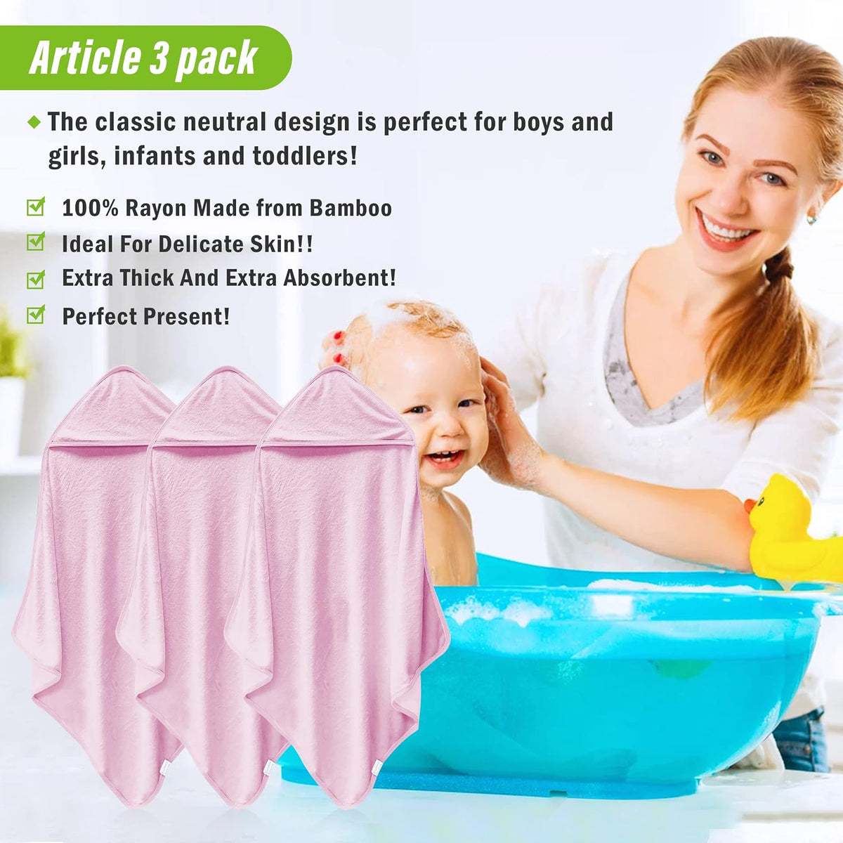 3 Pack Baby Hooded Towels, Rayon Made from Bamboo, Ultra Soft Unisex Bath Towels for Babies,Toddler,Infant - Newborn Essential - Ultra Absorbent Toddler Towels for Baby Boy Girl - Pink