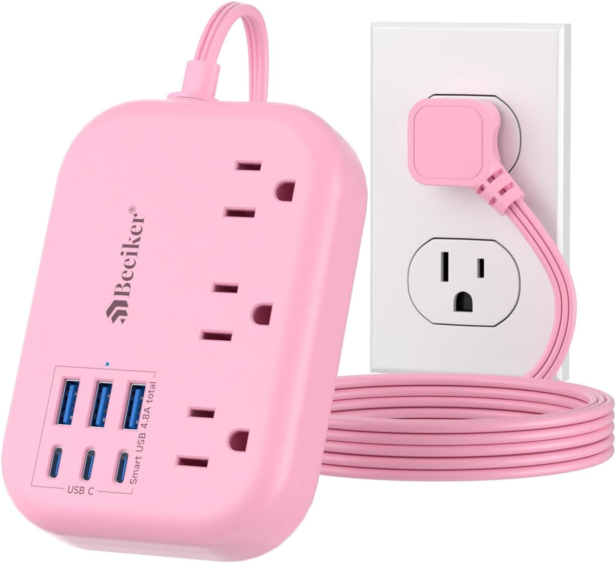 Beeiker 6 USB (3 USB C) Pink Power Strip, 5Ft Extension Cord, 3 Outlets