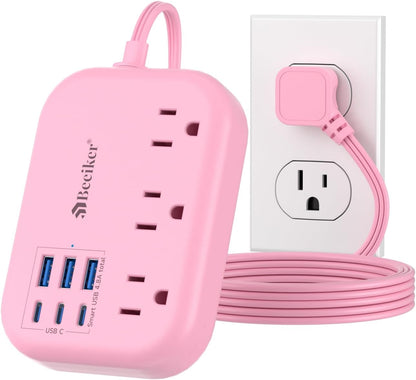 Beeiker 6 USB (3 USB C) Pink Power Strip, 5Ft Extension Cord, 3 Outlets