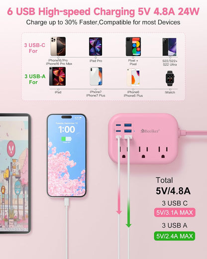 Beeiker 6 USB (3 USB C) Pink Power Strip, 5Ft Extension Cord, 3 Outlets