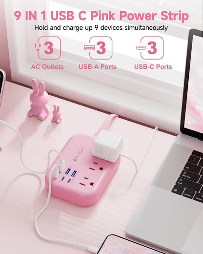 Beeiker 6 USB (3 USB C) Pink Power Strip, 5Ft Extension Cord, 3 Outlets