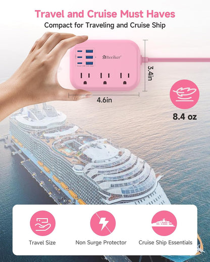 Beeiker 6 USB (3 USB C) Pink Power Strip, 5Ft Extension Cord, 3 Outlets