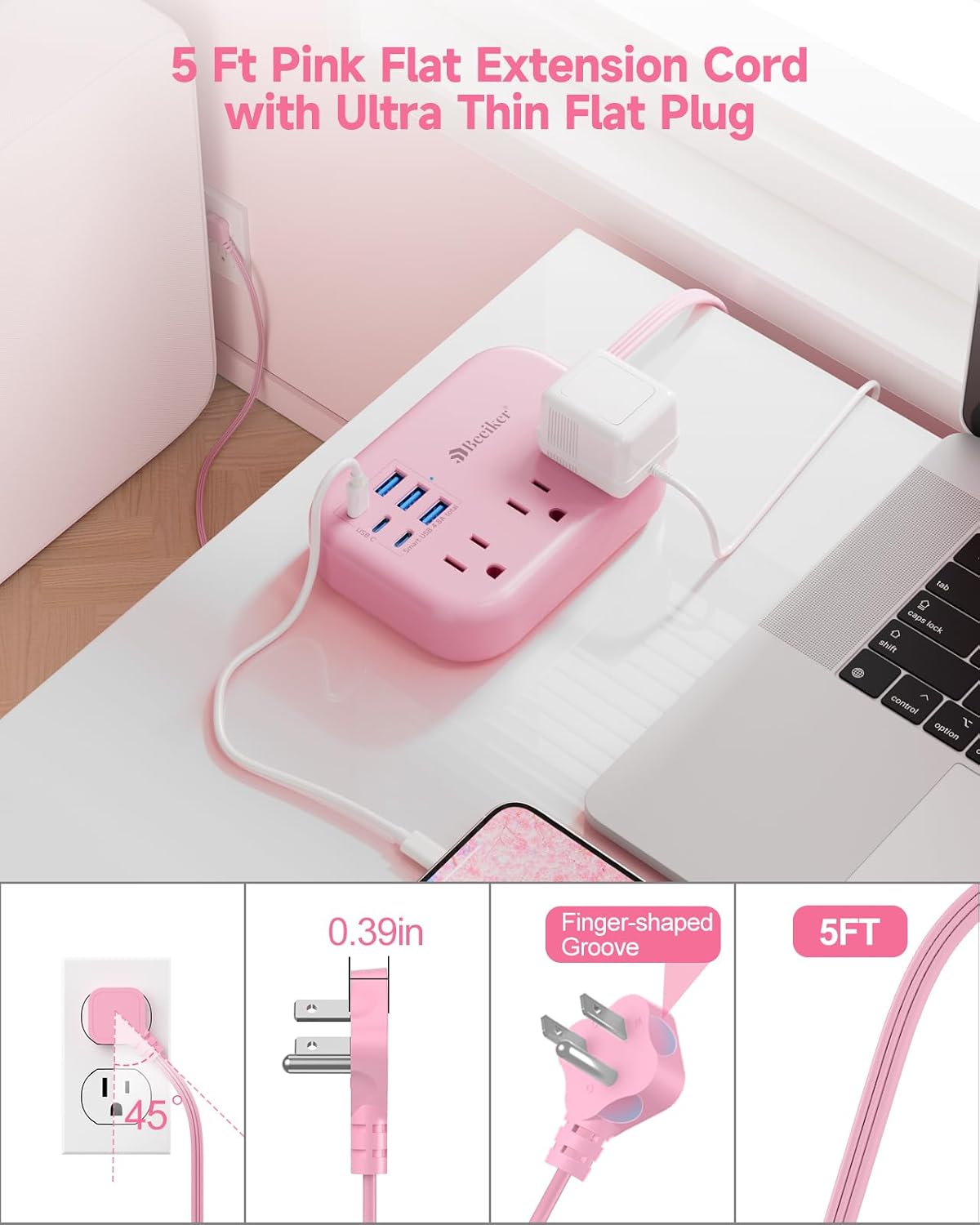Beeiker 6 USB (3 USB C) Pink Power Strip, 5Ft Extension Cord, 3 Outlets