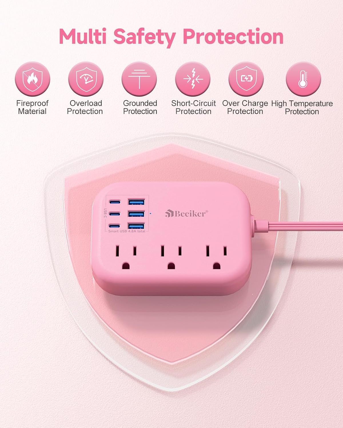 Beeiker 6 USB (3 USB C) Pink Power Strip, 5Ft Extension Cord, 3 Outlets