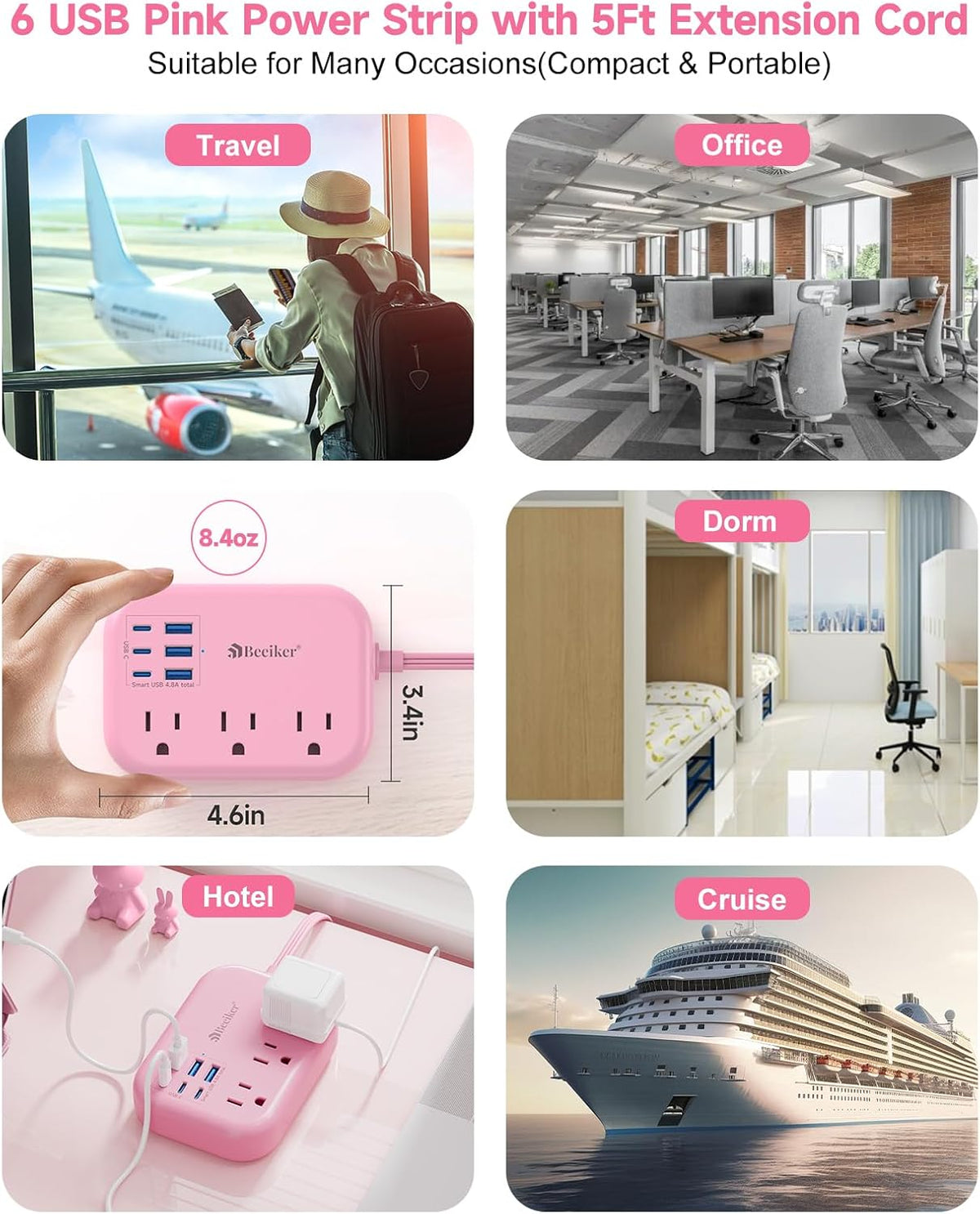 Beeiker 6 USB (3 USB C) Pink Power Strip, 5Ft Extension Cord, 3 Outlets