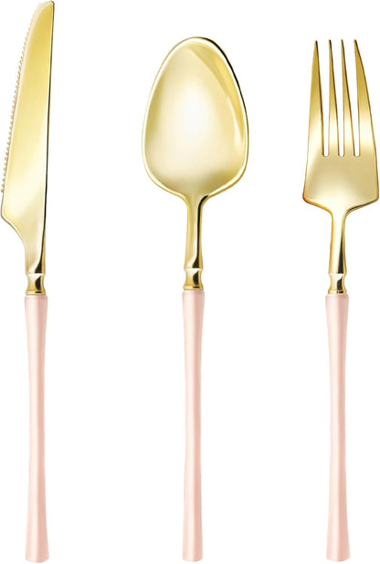 90PCS Heavy Duty Gold Plastic Silverware with Pink Handle