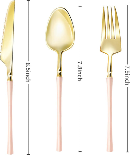 90PCS Heavy Duty Gold Plastic Silverware with Pink Handle