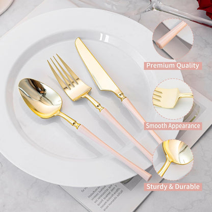 90PCS Heavy Duty Gold Plastic Silverware with Pink Handle