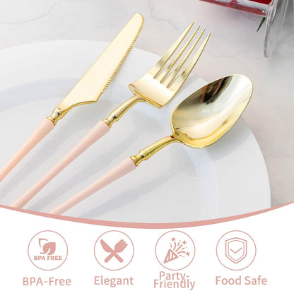 90PCS Heavy Duty Gold Plastic Silverware with Pink Handle