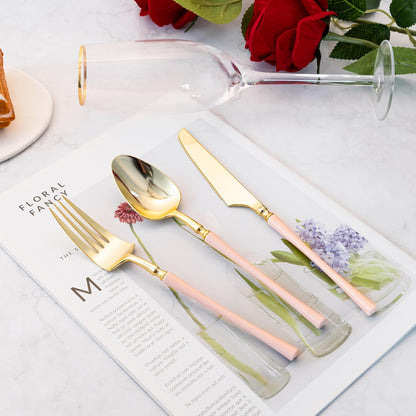90PCS Heavy Duty Gold Plastic Silverware with Pink Handle