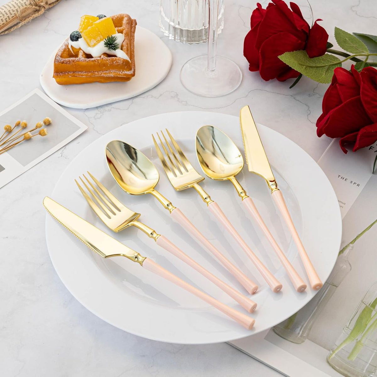 90PCS Heavy Duty Gold Plastic Silverware with Pink Handle