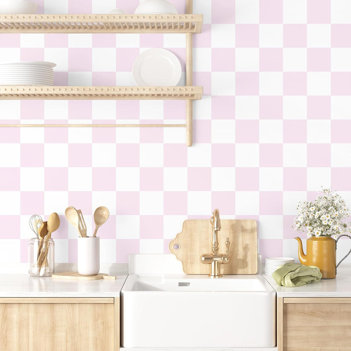 Pink Checkered Wallpaper Peel and Stick Pink White Modern Geometric Wallpaper Checkered Contact Paper Waterproof Funky Checkerboard Wallpapers for Girls Bedroom Countertops 17.5"x120"
