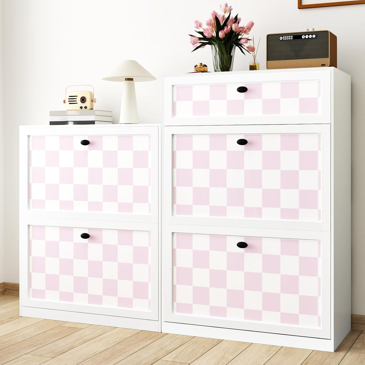 Pink Checkered Wallpaper Peel and Stick Pink White Modern Geometric Wallpaper Checkered Contact Paper Waterproof Funky Checkerboard Wallpapers for Girls Bedroom Countertops 17.5"x120"