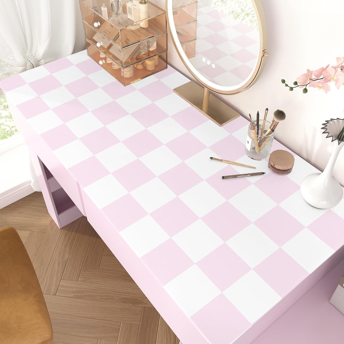 Pink Checkered Wallpaper Peel and Stick Pink White Modern Geometric Wallpaper Checkered Contact Paper Waterproof Funky Checkerboard Wallpapers for Girls Bedroom Countertops 17.5"x120"
