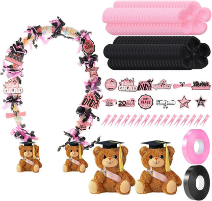 82 Pcs 2026 Graduation Candy Leis Making Kit DIY Netting Tubing Stuffed Plush Bear Ribbon Grad Glitter Card Candy Lei for Graduation Congrats Party Supplies(Light Pink,Black)