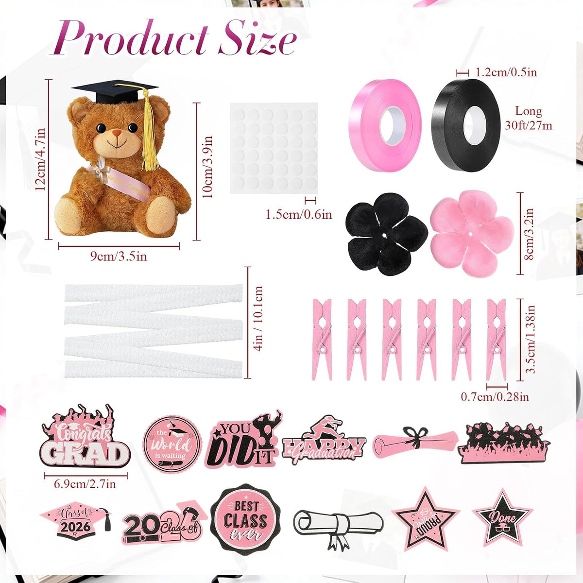 82 Pcs 2026 Graduation Candy Leis Making Kit DIY Netting Tubing Stuffed Plush Bear Ribbon Grad Glitter Card Candy Lei for Graduation Congrats Party Supplies(Light Pink,Black)