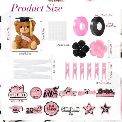 82 Pcs 2026 Graduation Candy Leis Making Kit DIY Netting Tubing Stuffed Plush Bear Ribbon Grad Glitter Card Candy Lei for Graduation Congrats Party Supplies(Light Pink,Black)