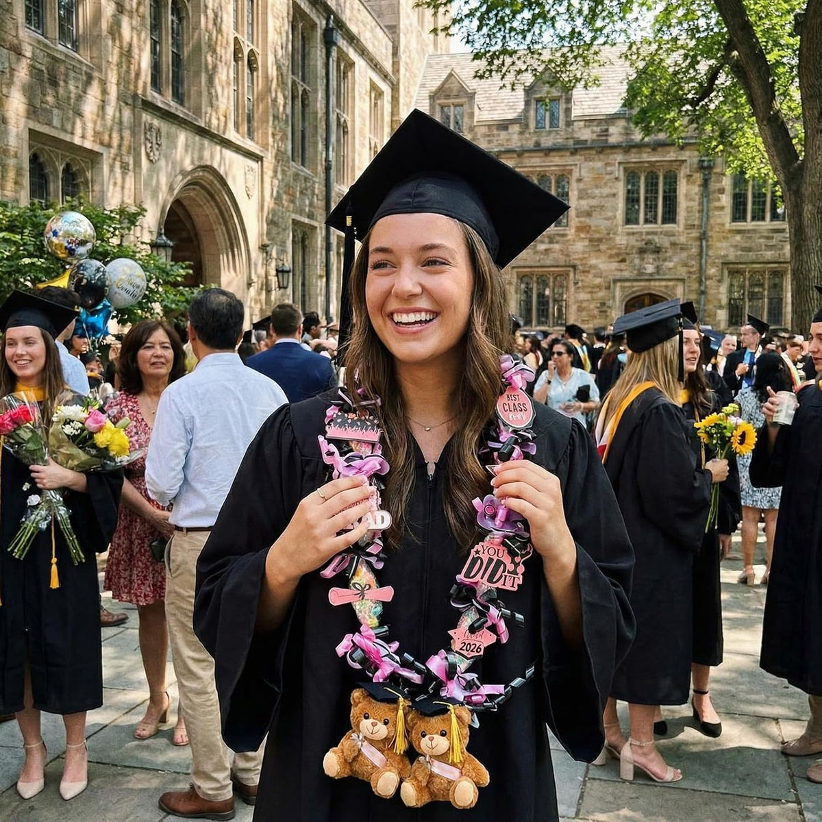 82 Pcs 2026 Graduation Candy Leis Making Kit DIY Netting Tubing Stuffed Plush Bear Ribbon Grad Glitter Card Candy Lei for Graduation Congrats Party Supplies(Light Pink,Black)
