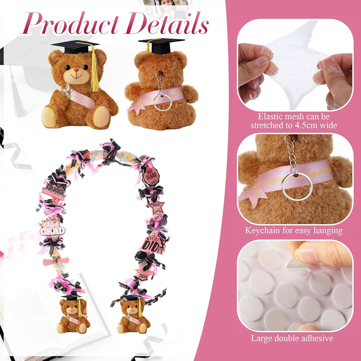 82 Pcs 2026 Graduation Candy Leis Making Kit DIY Netting Tubing Stuffed Plush Bear Ribbon Grad Glitter Card Candy Lei for Graduation Congrats Party Supplies(Light Pink,Black)