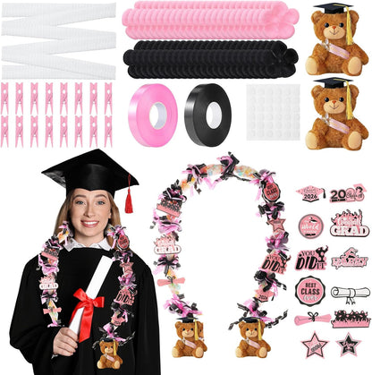 82 Pcs 2026 Graduation Candy Leis Making Kit DIY Netting Tubing Stuffed Plush Bear Ribbon Grad Glitter Card Candy Lei for Graduation Congrats Party Supplies(Light Pink,Black)