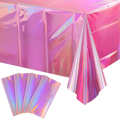 4 Pack Iridescent Pink Plastic Tablecloths, FunnyPars Shiny Disposable Laser Rectangle Table Covers, Holographic Foil Tablecloth Iridescent Party Decorations for Kpop Birthday Wedding Xmas, 54x108Inch