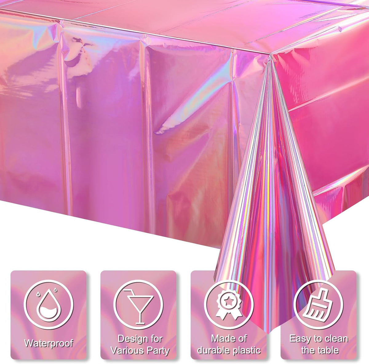 4 Pack Iridescent Pink Plastic Tablecloths, FunnyPars Shiny Disposable Laser Rectangle Table Covers, Holographic Foil Tablecloth Iridescent Party Decorations for Kpop Birthday Wedding Xmas, 54x108Inch