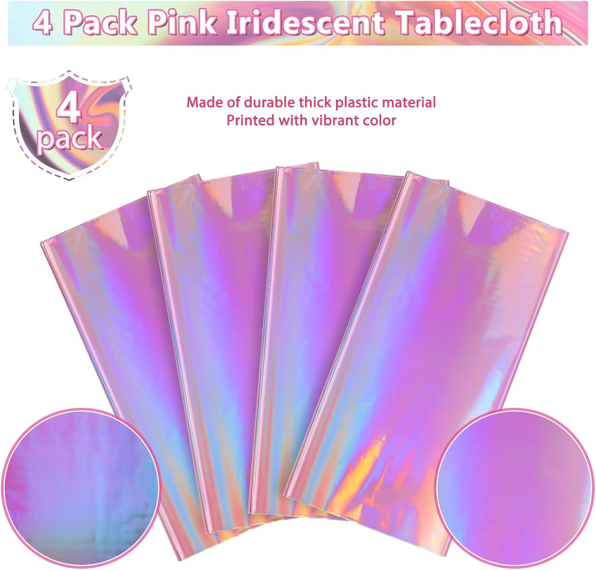 4 Pack Iridescent Pink Plastic Tablecloths, FunnyPars Shiny Disposable Laser Rectangle Table Covers, Holographic Foil Tablecloth Iridescent Party Decorations for Kpop Birthday Wedding Xmas, 54x108Inch