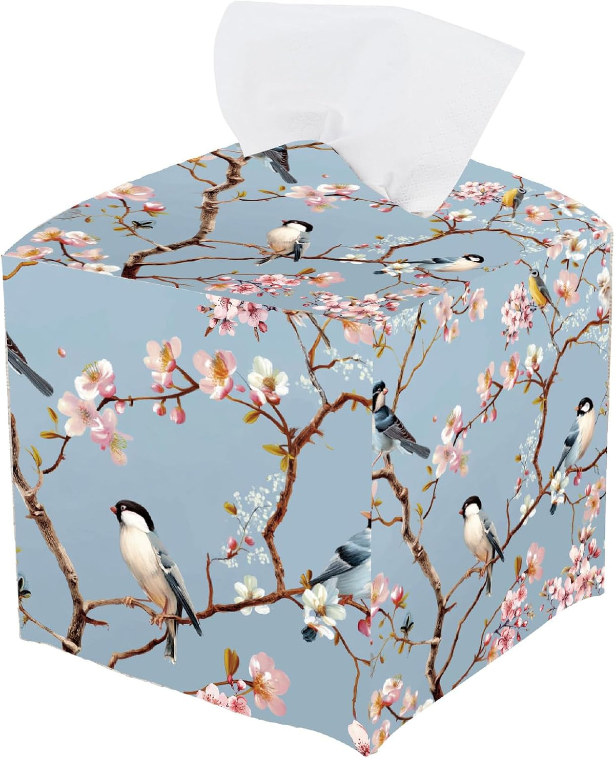 Bird Tissue Box Cover Pink Floral Tissue Box Holder Square Bird on Blossoming Branch Leather Waterproof Facial Paper Organizer Dispenser for Bathroom Bedroom Kitchen Vanity Home Car Office