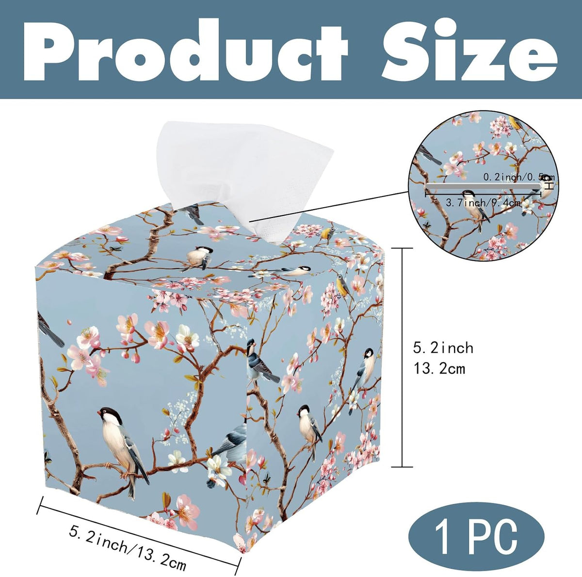 Bird Tissue Box Cover Pink Floral Tissue Box Holder Square Bird on Blossoming Branch Leather Waterproof Facial Paper Organizer Dispenser for Bathroom Bedroom Kitchen Vanity Home Car Office