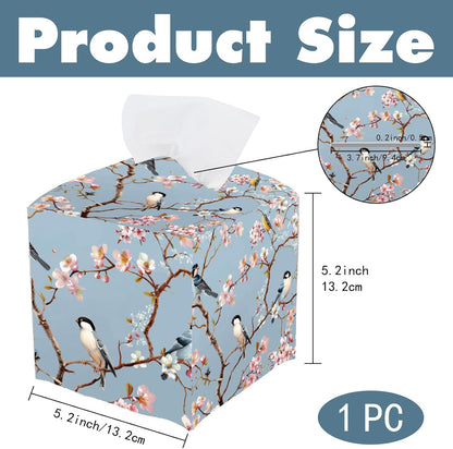 Bird Tissue Box Cover Pink Floral Tissue Box Holder Square Bird on Blossoming Branch Leather Waterproof Facial Paper Organizer Dispenser for Bathroom Bedroom Kitchen Vanity Home Car Office