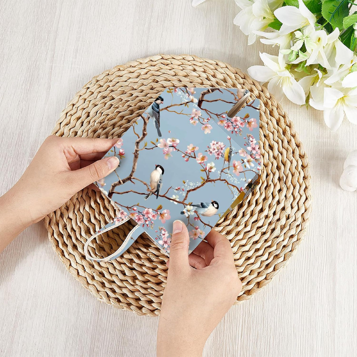 Bird Tissue Box Cover Pink Floral Tissue Box Holder Square Bird on Blossoming Branch Leather Waterproof Facial Paper Organizer Dispenser for Bathroom Bedroom Kitchen Vanity Home Car Office