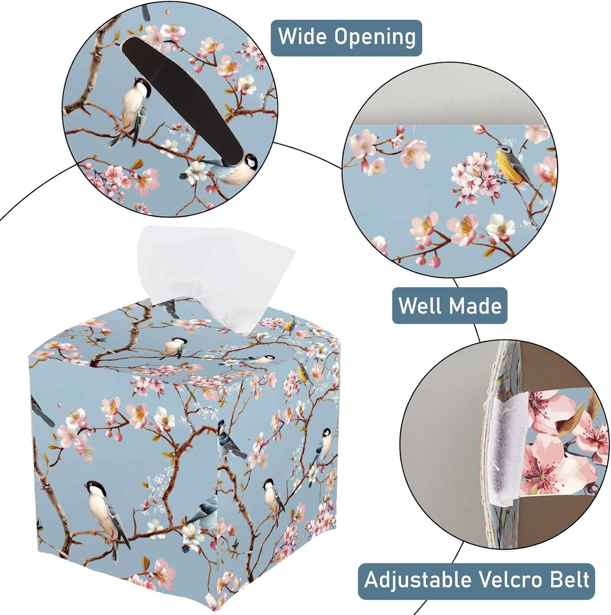 Bird Tissue Box Cover Pink Floral Tissue Box Holder Square Bird on Blossoming Branch Leather Waterproof Facial Paper Organizer Dispenser for Bathroom Bedroom Kitchen Vanity Home Car Office