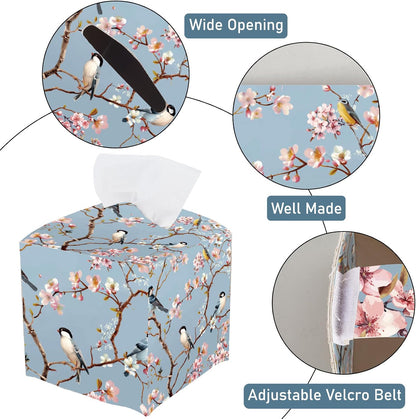 Bird Tissue Box Cover Pink Floral Tissue Box Holder Square Bird on Blossoming Branch Leather Waterproof Facial Paper Organizer Dispenser for Bathroom Bedroom Kitchen Vanity Home Car Office