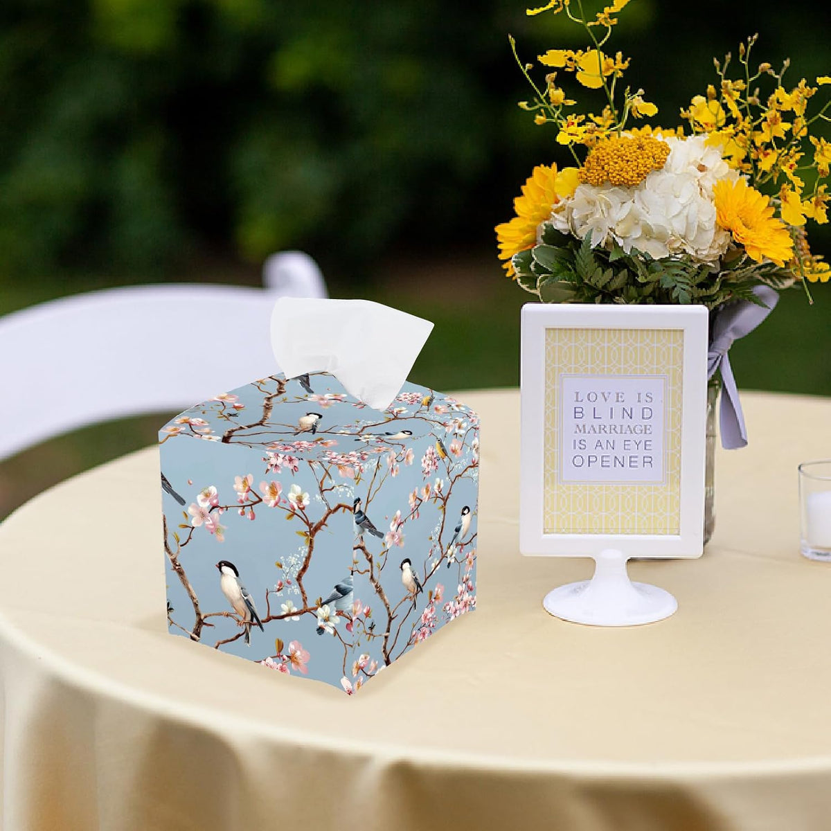 Bird Tissue Box Cover Pink Floral Tissue Box Holder Square Bird on Blossoming Branch Leather Waterproof Facial Paper Organizer Dispenser for Bathroom Bedroom Kitchen Vanity Home Car Office