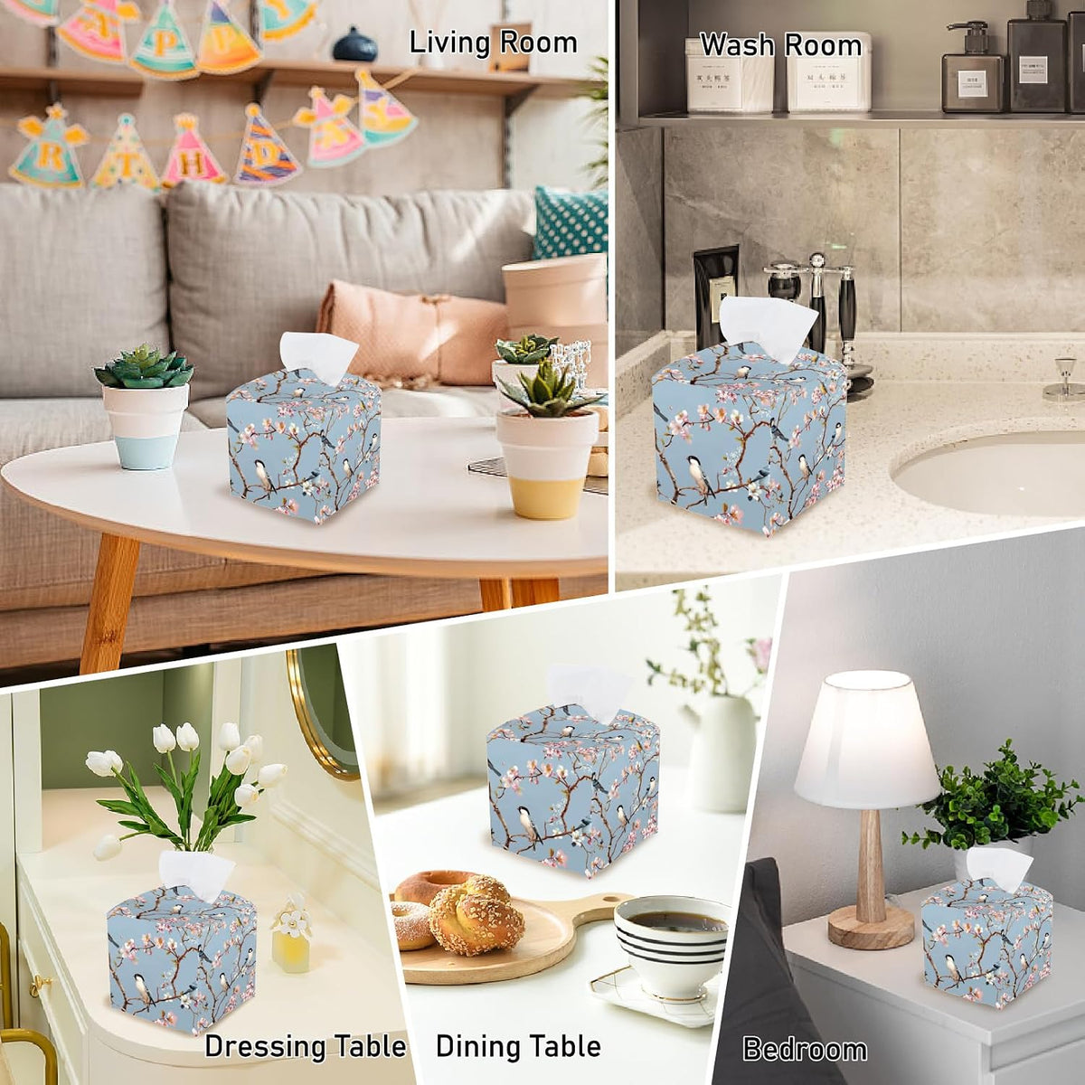 Bird Tissue Box Cover Pink Floral Tissue Box Holder Square Bird on Blossoming Branch Leather Waterproof Facial Paper Organizer Dispenser for Bathroom Bedroom Kitchen Vanity Home Car Office