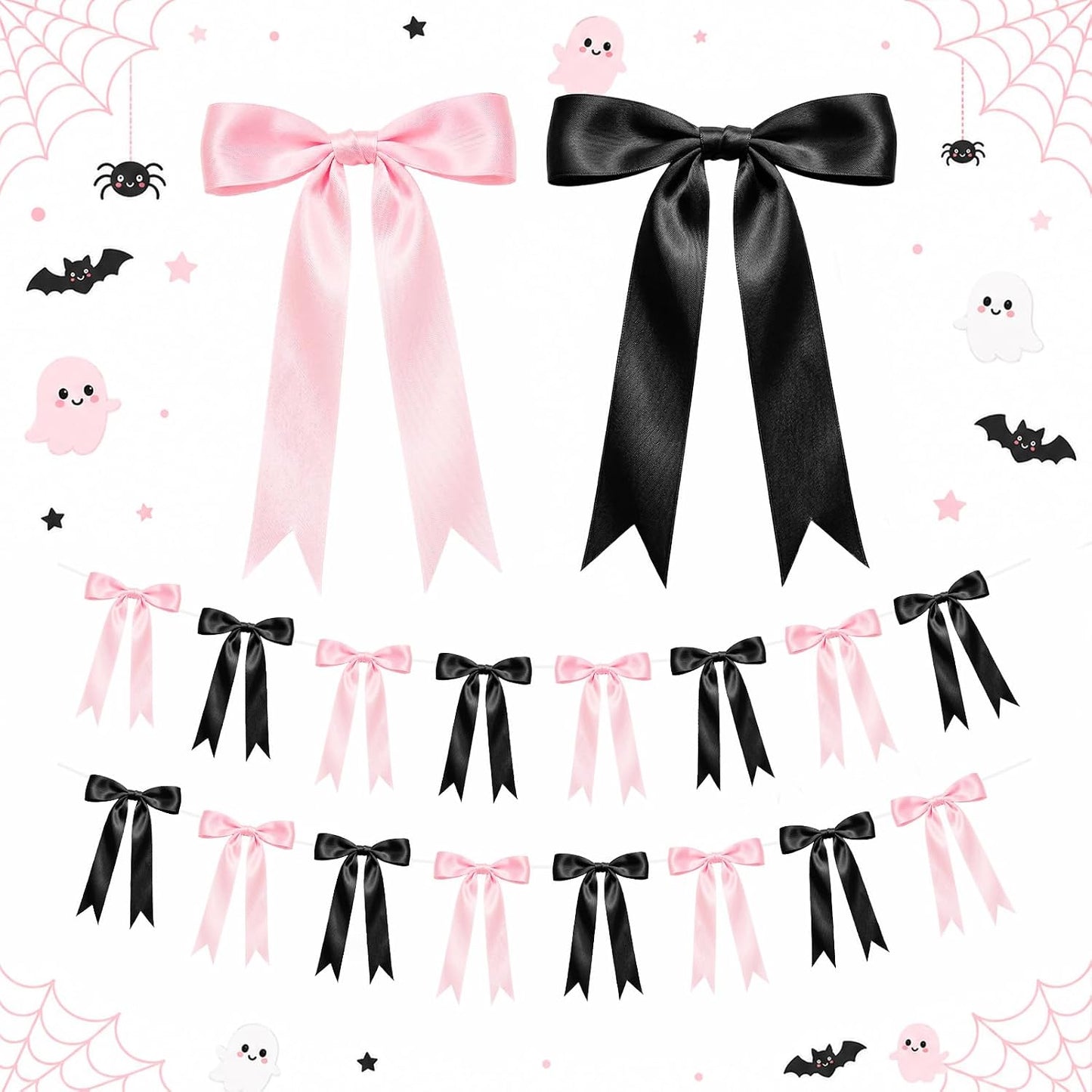 Pink Halloween Bow Garland, Pink and Black Bow Decorations, Halloween Decor