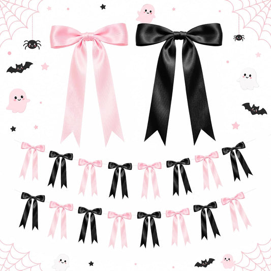 Pink Halloween Bow Garland, Pink and Black Bow Decorations, Halloween Decor